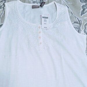 Chico's Off White Cotton Tank w/Embroidery & Button Detail Medium  NWT